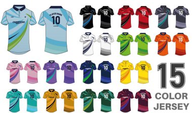 Spor polo yakalı tişört forması tasarımı vektör şablonu, futbol, futbol ve tenis için ön ve arka görüşlü kriket forması konsepti. Spor üniforması 15 farklı renkte.