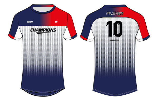 Sports jersey t shirt design concept vector template, Round neck football jersey concept with front and back view for Cricket, soccer, Volleyball, Rugby, tennis and badminton uniform