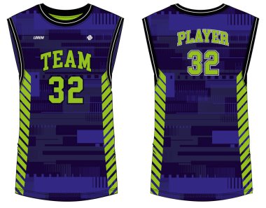 Kolsuz Tank Top Basketbol forması tişört tasarımı şablonu, erkekler ve kadınlar için ön ve arka görüşlü spor forması konsepti. Basketbol, voleybol forması, tenis ve badminton