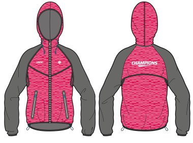 Kadınlar uzun kollu Anorak kapüşonlu ceket tasarımı vektör şablonu, ön ve arka görüşlü kapüşonlu kapüşonlu ceket, kız ve kadınlar için rüzgarlı kış ceketi. Kışın koşmak ve çalışmak için..