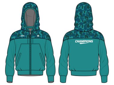Kadınlar uzun kollu kapüşonlu sweatshirt kamuflaj tasarım şablonu vektör, kızlar kapüşonlu ceket ön ve arka görüş, bayanlar için kapüşonlu kış ceketi Koşu ve kış antrenmanı