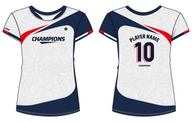 Kadınlar spor forması yuvarlak yaka tasarım konsepti. Voleybol forması, futbol, badminton, futbol, netbol ve tenis için spor üniforması.