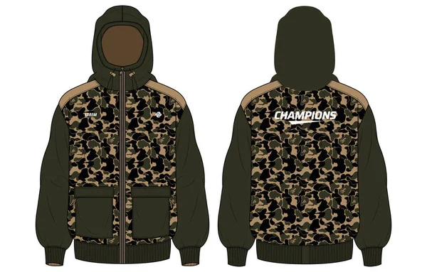 Μακρύ Μανίκι Camouflage Hoodie Jacket Design Template Vector Hooded Utility — Διανυσματικό Αρχείο