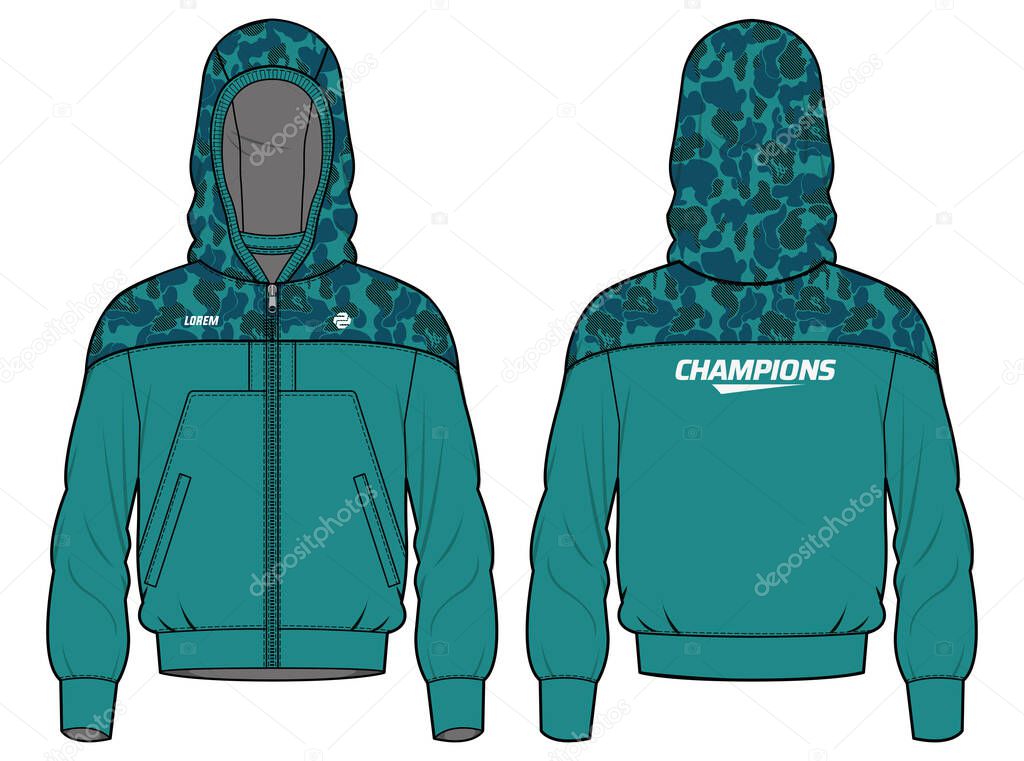 Women Long sleeve Hoodie jacket sweatshirt camouflage design template in vector, girls Hooded jacket sweater with front and back view, hooded winter jacket for ladies to Running and workout in winter