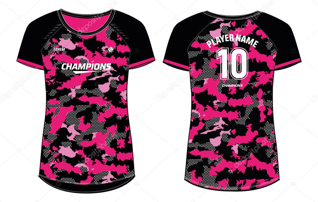 Camouflage Women Sports Jersey t-shirt design Illustration, round Neck t shirt for girls and Ladies Volleyball jersey, Football, badminton, Soccer, netball and tennis, Sport uniform kit for sports