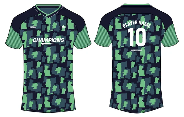 迷彩服运动衫T恤设计概念向量模板 足球运动衫概念与板球 橄榄球 网球和羽毛球制服的前卫和后视镜 — 图库矢量图片