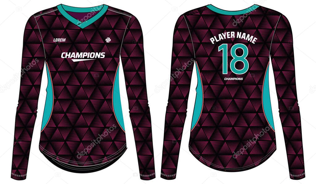 Women Long Sleeve Sports Jersey t-shirt design concept Illustration suitable for girls and Ladies for Volleyball jersey, Football, badminton, Soccer, netball and tennis, Sport uniform kit for sports