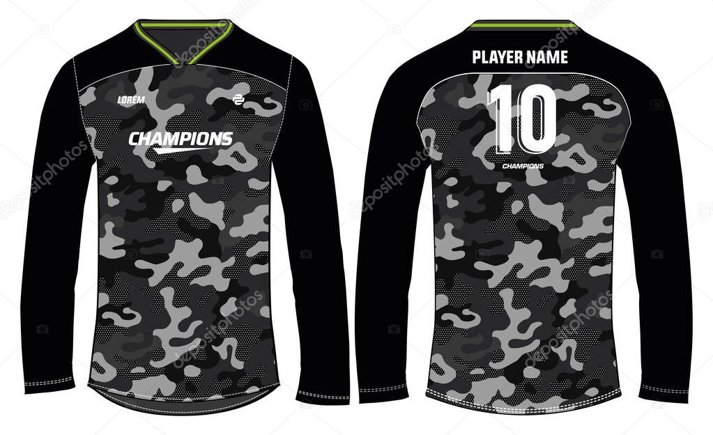 Camouflage long sleeve t shirt, V neck Sports jersey design concept vector template, Motocross racing jersey concept with front and back view , Cricket, Football, Volleyball, Rugby uniform designs