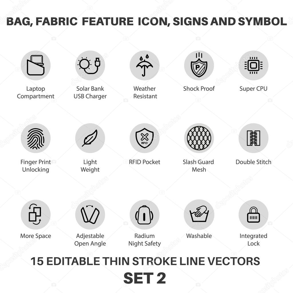 Bag and Backpack fabric feature icon, laptop bag Performance icon and symbols for tech bag and fabric, Fabric Technology properties and textile special feature signs and symbols icon set.