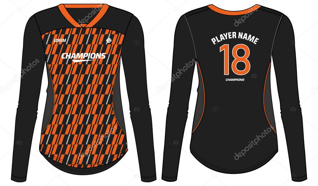 Women Long Sleeve Sports Jersey t-shirt design concept Illustration suitable for girls and Ladies for Volleyball jersey, Football, badminton, Soccer, netball and tennis, Sport uniform kit for sports