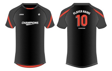 Spor forması tasarımı konsept vektör şablonu soyut yarım ton Raglan yuvarlak boyun tişörtü kavramı kriket, futbol, voleybol, rugby forması ön ve arka görüşlü futbol forması kavramı.