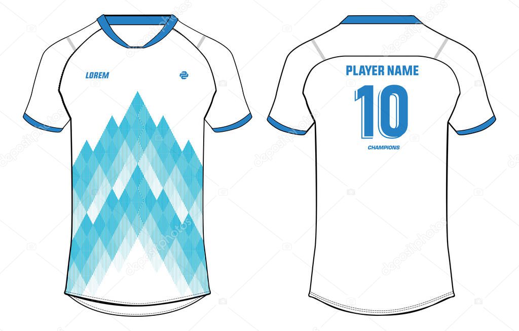 Sports jersey t shirt design concept vector template, geometric printed V neck raglan sleeve Football jersey concept with front and back view for Soccer, Cricket, Volleyball, Rugby, badminton uniform