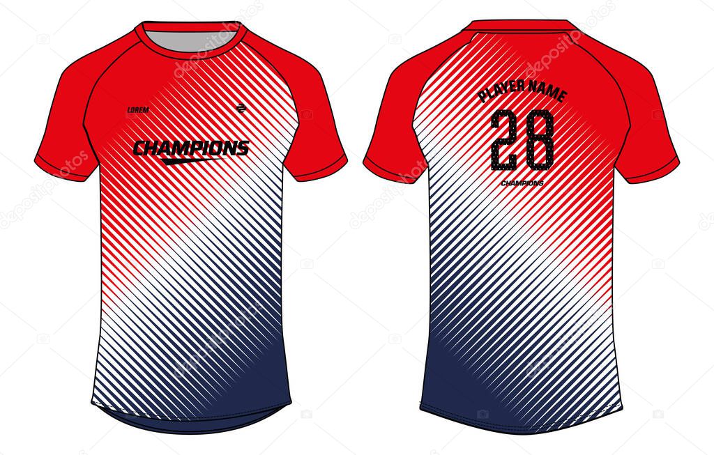 Sports jersey t shirt design concept vector template, Halftone stripe pattern Raglan Round neck tees football jersey concept with front and back view for Cricket, soccer, Volleyball, Rugby uniform