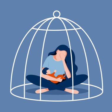 Yorgun anne ve bebek hücrede. Doğum sonrası depresyon. Doğum sonrası depresyonu. Düz biçimli vektör illüstrasyonu.