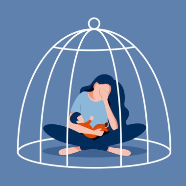 Exhausted mother and baby in cell. Postnatal depression. Postpartum depression. Vector illustration in flat style. clipart