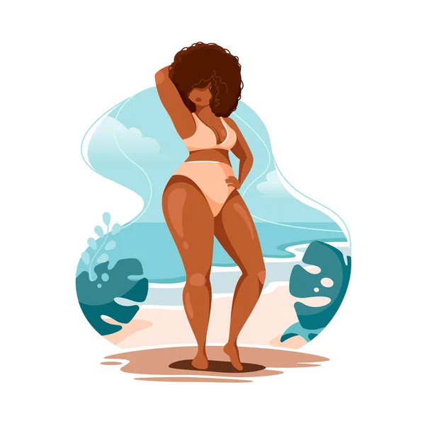 Ilustración vectorial de una hermosa mujer afroamericana en traje de baño en una playa tropical. — Archivo Imágenes Vectoriales