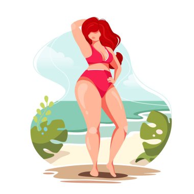 Deniz kıyısında mayo giymiş çekici, kilolu, kızıl saçlı kadın..