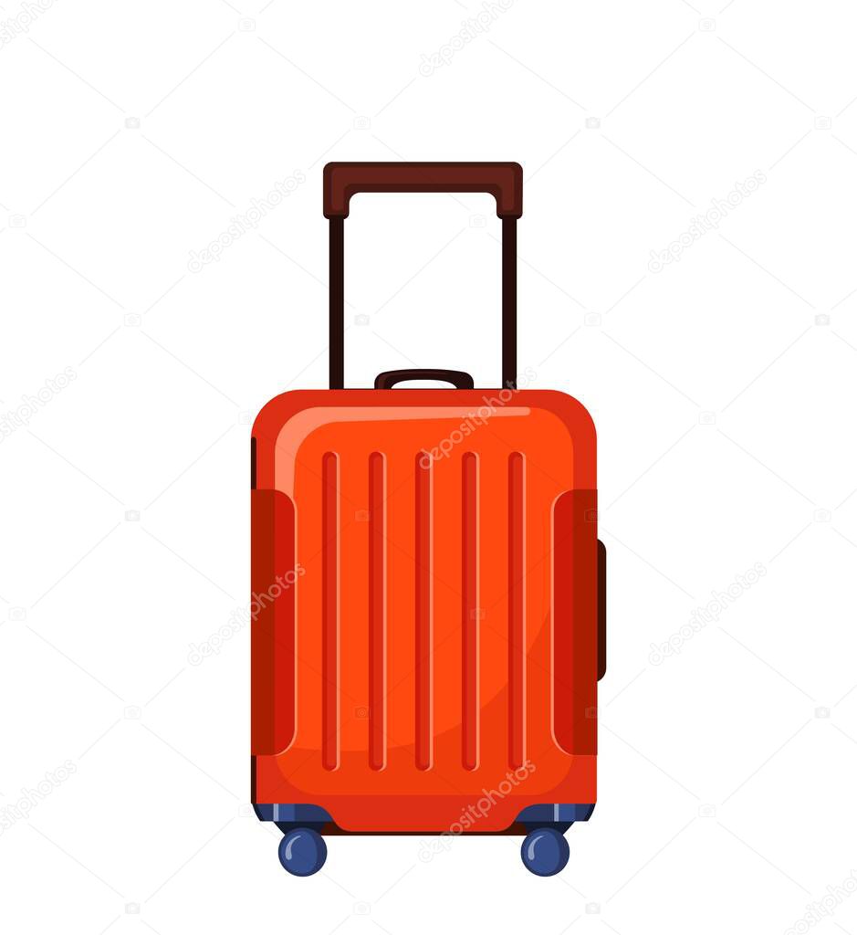 Travel suitcase with wheels in flat style isolated on white background. Icon for trip, tourism or summer vacation.