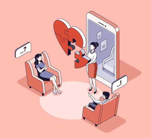 Family Psychologist. Online counseling for couple. Patients at psychological consultation. Isometric vector illustration — Stockvector