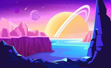 Alien planet landscape for space game background. Vector fantasy illustration of cosmos and planet stone surface