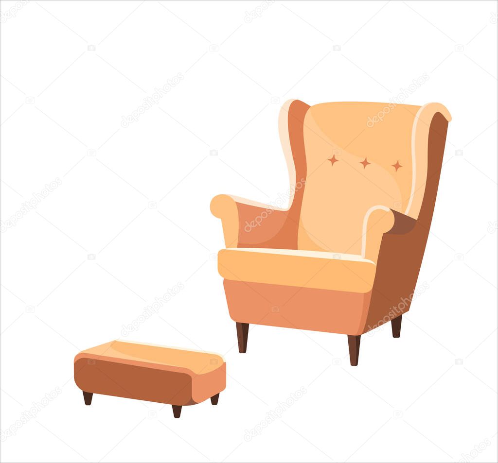 Vector illustration of a light beige armchair with a a soft ottoman isolated on white background.