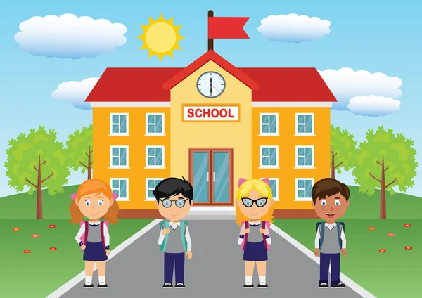 Vector Pupils Dan Gedung Sekolah - Stok Vektor