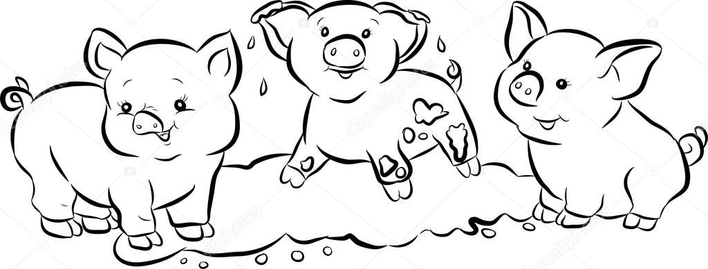 Black and White Cartoon Three Pigs