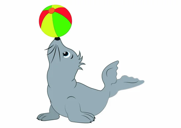 Cartoon Seal Who Plays Beach Ball Vector Seal Beach Ball — Stock Vector