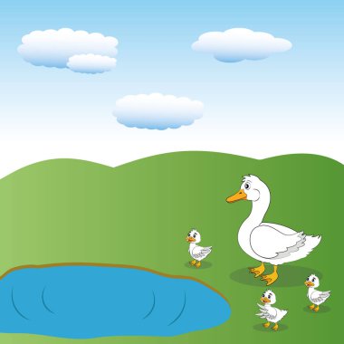 Ördek yavrularıyla çizgi film ördeği. Tatlı çizgi film ördekleri.