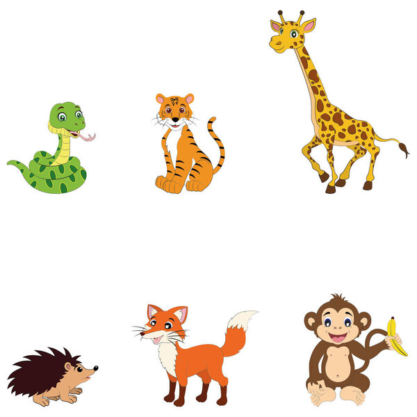 Cartoon Wildlife animals. Zebra, snake, monkey, tiger, giraffe, hedgehog