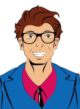 Pop art kahverengi saçlı, gülümseyen adam gözlüklü.