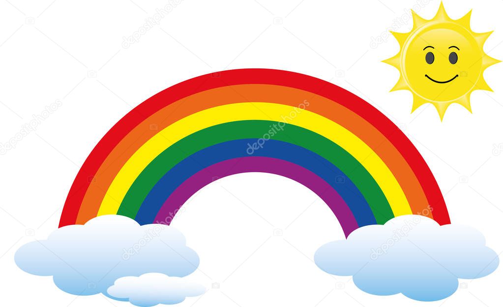 Rainbow, sun, clouds. Colorful Rainbow