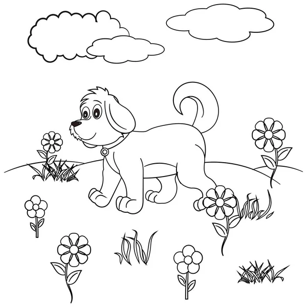 Dog Flowers Spring Black White — Stock Vector