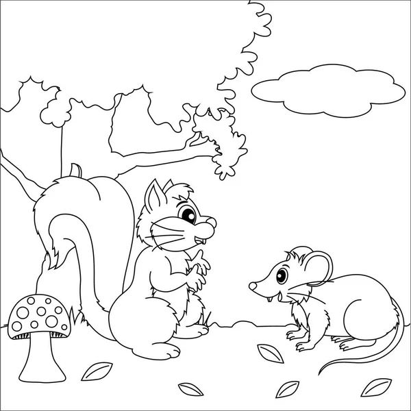 Σκίουρος Και Ποντίκι Μιλούν Στο Δάσος Μαύρο Και Άσπρο — Διανυσματικό Αρχείο