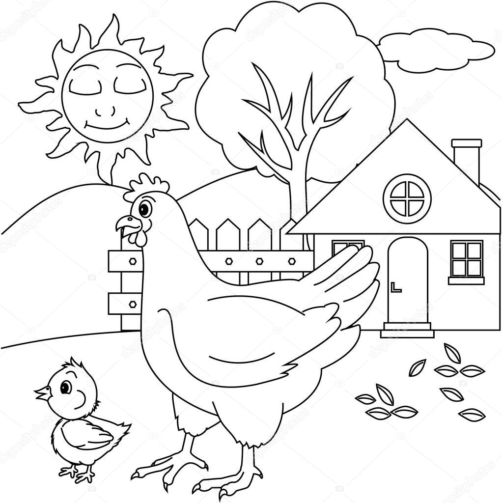 black and white illustration of Chicken with Baby Chicken