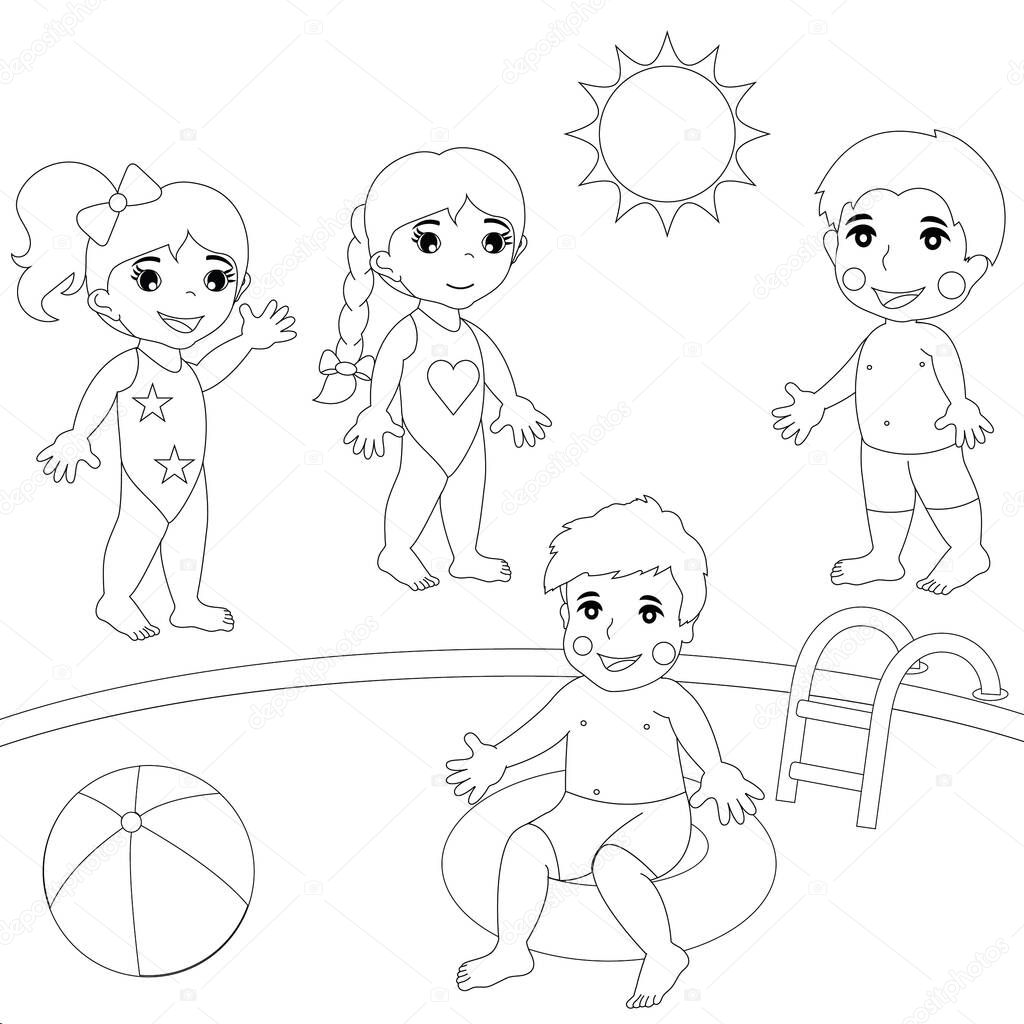 Black and white illustration of  Four Children at the pool 