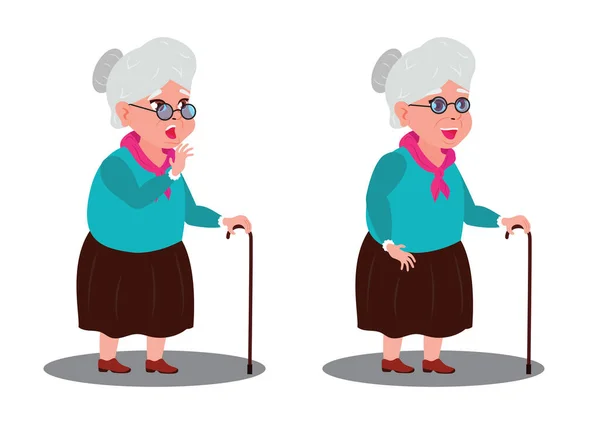 Yaşlı Kadın Iki Farklı Pozisyonda Mutlu Korkak Büyükanne — Stok Vektör