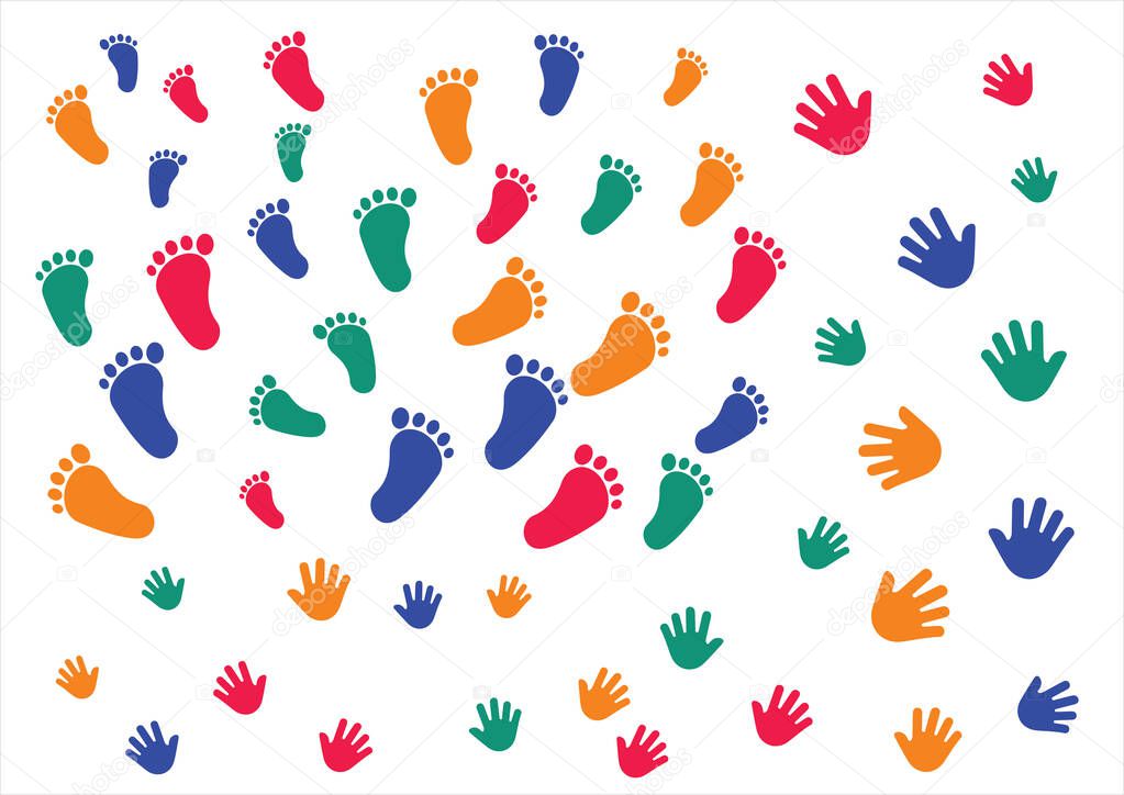 Children handprints and footprints. Colorful handprints and footprints isolated on white background