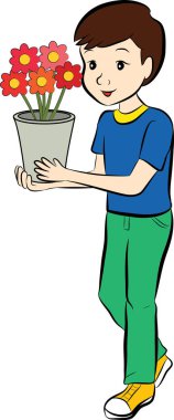 Çiçek saksısı tutan çocuğun vektör illüstrasyonu
