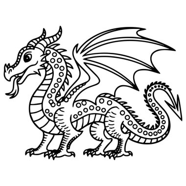Cartoon mythical dragon black and white coloring book isolated on white background