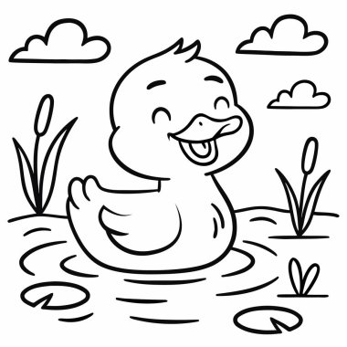 Siyah beyaz gölde mutlu ördek yavrusu