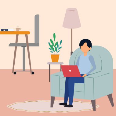 Evden çalışan ve koltukta oturan bir adamın düz tasarımı.