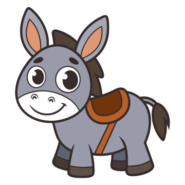 Beyaz arka planda eyerli şirin çizgi film eşeği.