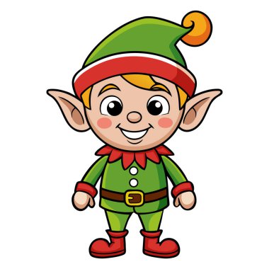 Sevimli çizgi film neşeli Elf karakteri beyaz arka planda özet geçiyor.