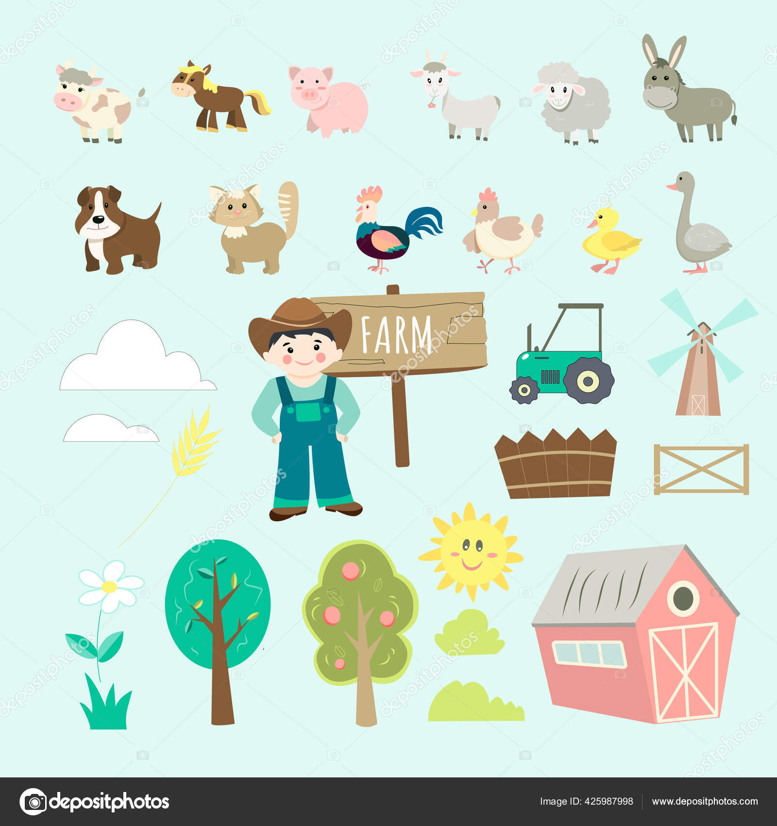 Farm Illustrations Set Cute Farm Animals Vector Characters Image 