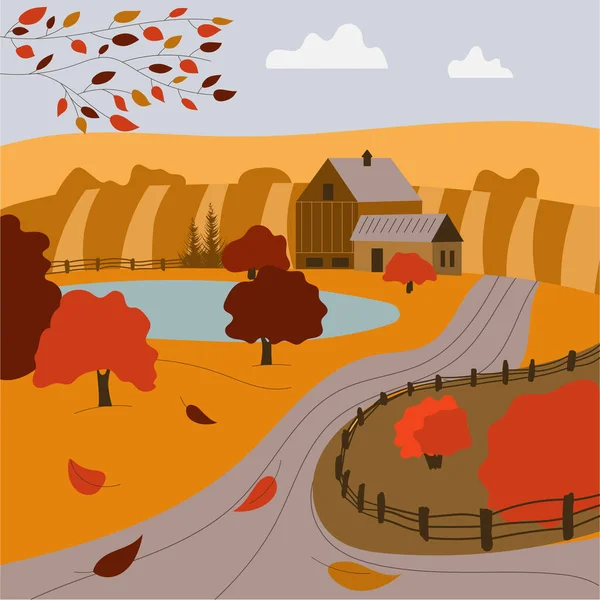Autumn rural landscape. Rustic autumn view with fields, trees, lake and houses. Vector illustration