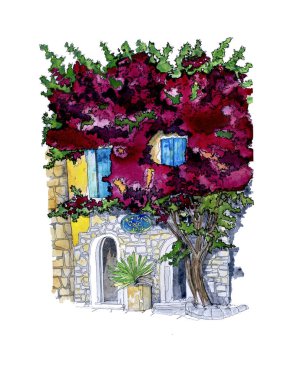 Parlak bir çiçekli ağacın altında rahat bir kafe.