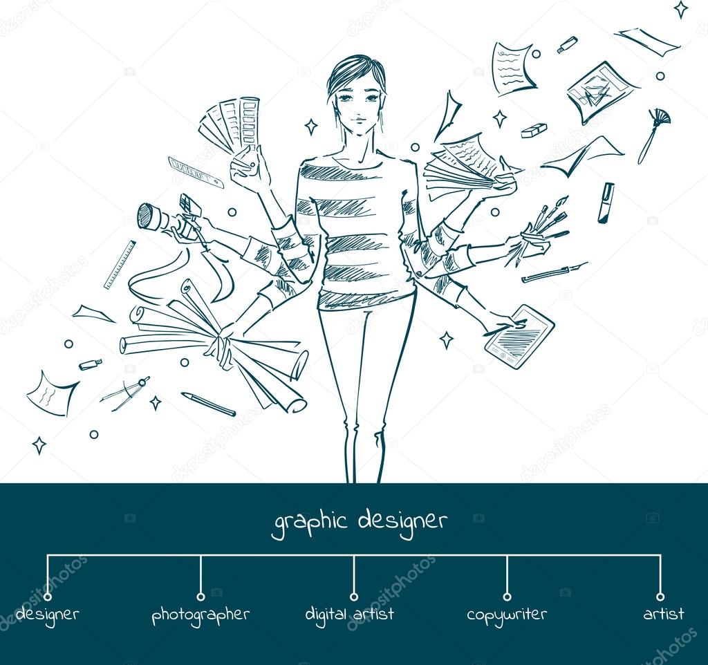 Girl graphic designer with working tools, concept