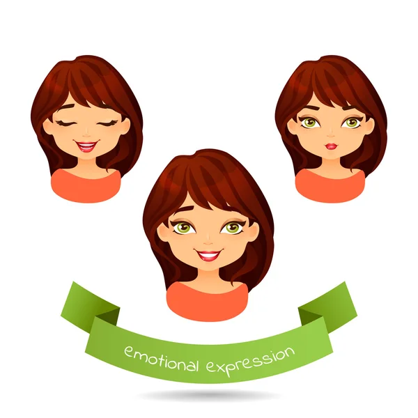 Linda morena con diferentes expresiones faciales . — Vector de stock