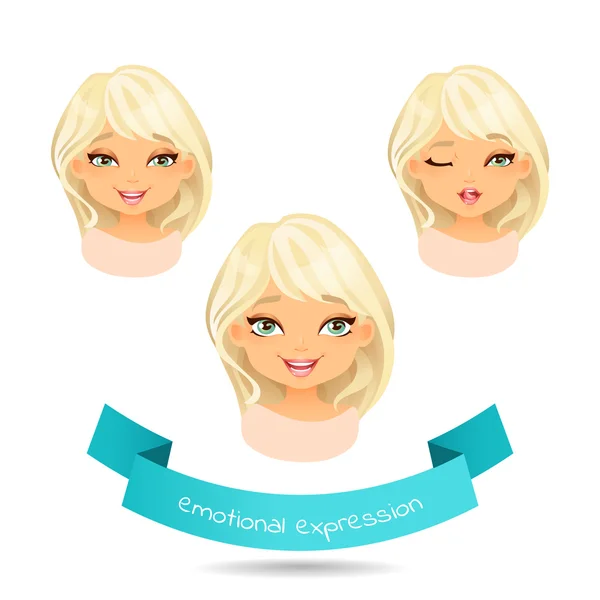 Roztomilá blondýnka s různými výrazy obličeje. — Stockový vektor